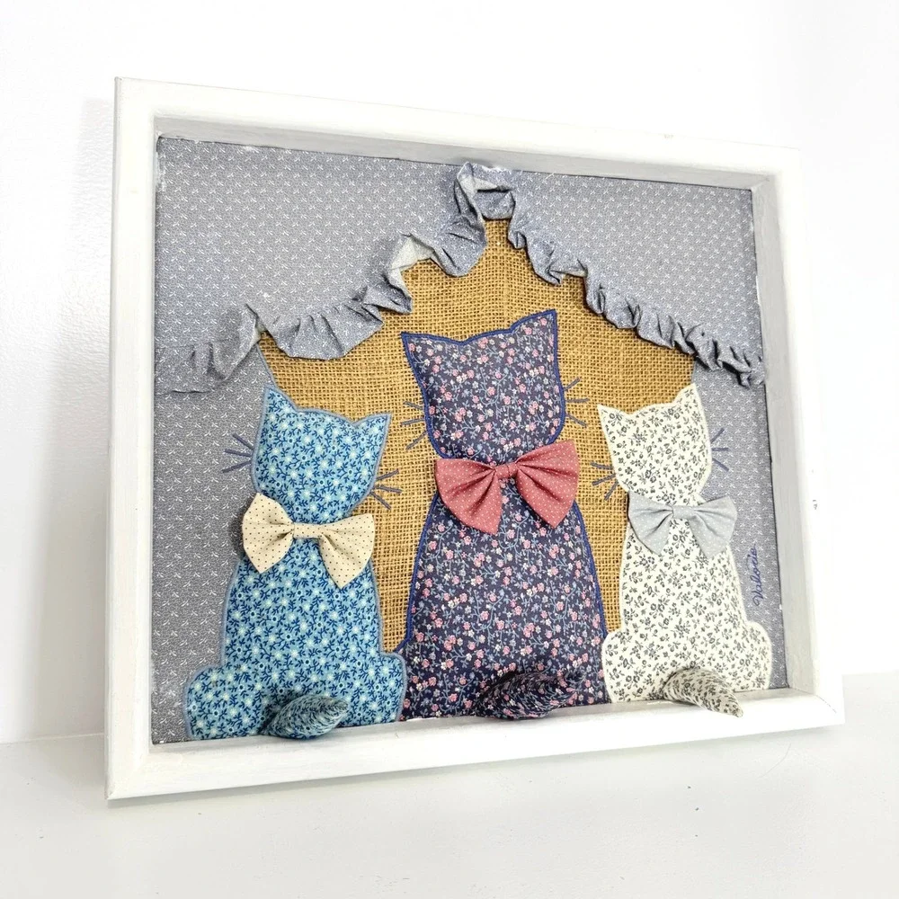 Valorie Sockwell 3D Cat Wall Art Fabric Applique Floral Folk Art Cottagecore 80s